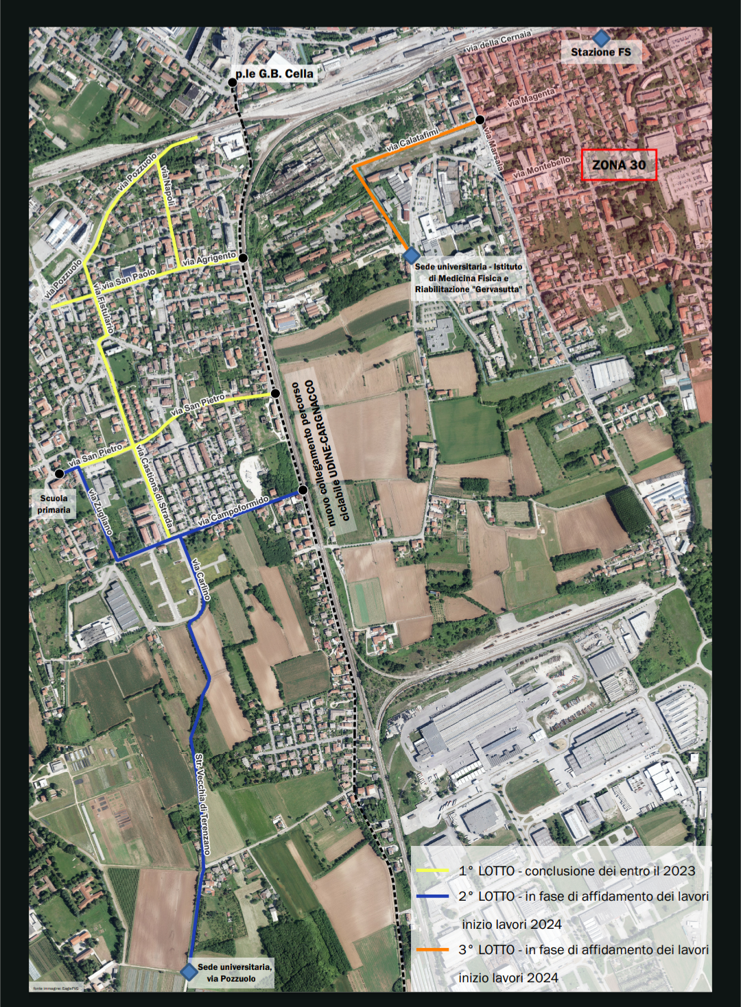 La mappa dei percorsi ciclabili in via di ultimazione (lotto 1, 2 e 3) e di prossima realizzazione (ciclabile su via Lumignacco e dentro la ex Caserma Piav