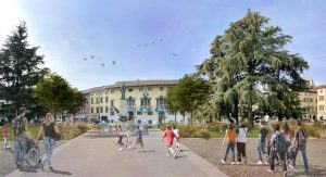 Render Piazza Garibaldi lato monumento e spazi verdi Render Piazza Garibaldi lato monumento e spazi verdi