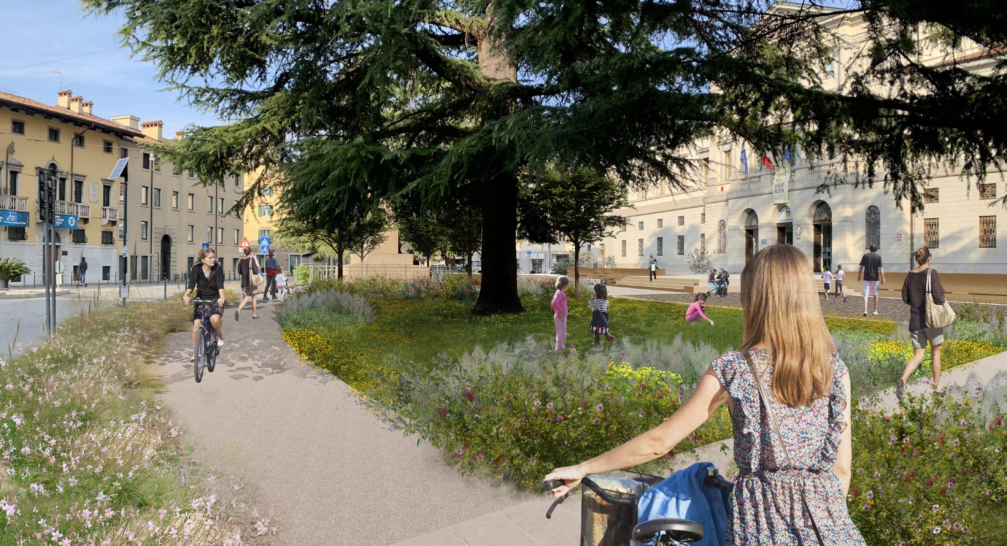 Render Piazza Garibaldi raingarden e percorso ciclopedon Render Piazza Garibaldi raingarden e percorso ciclopedon